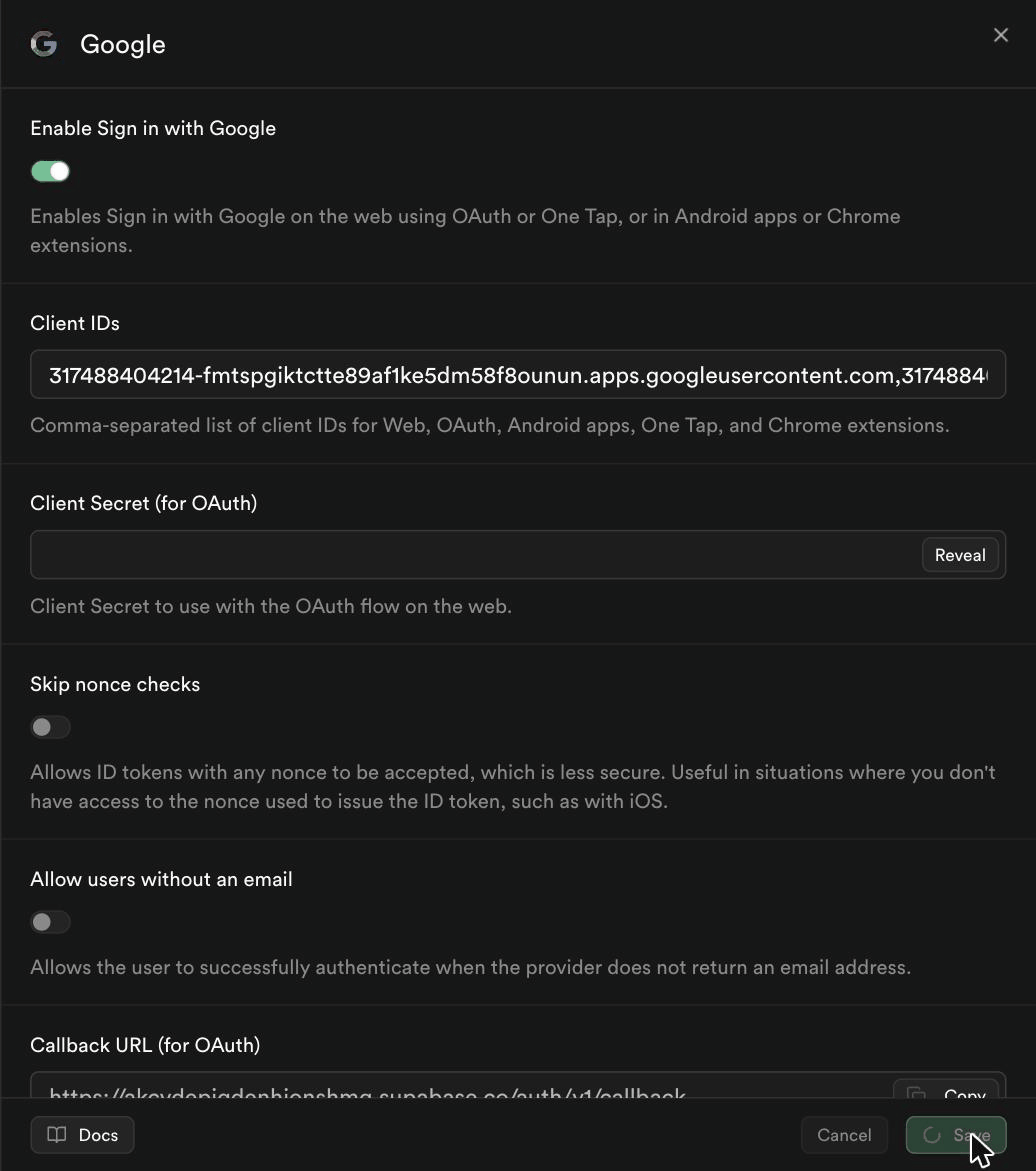 Supabase Google provider enabled