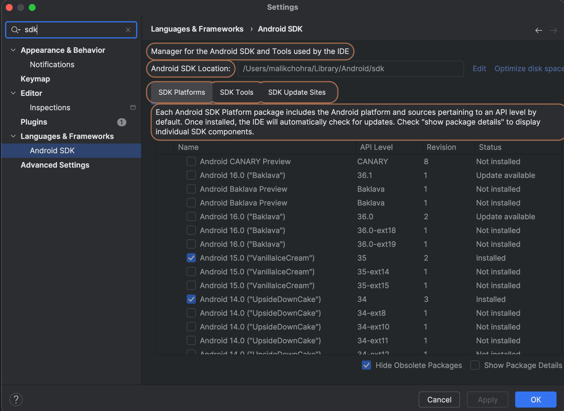 Android SDK Platforms Selection