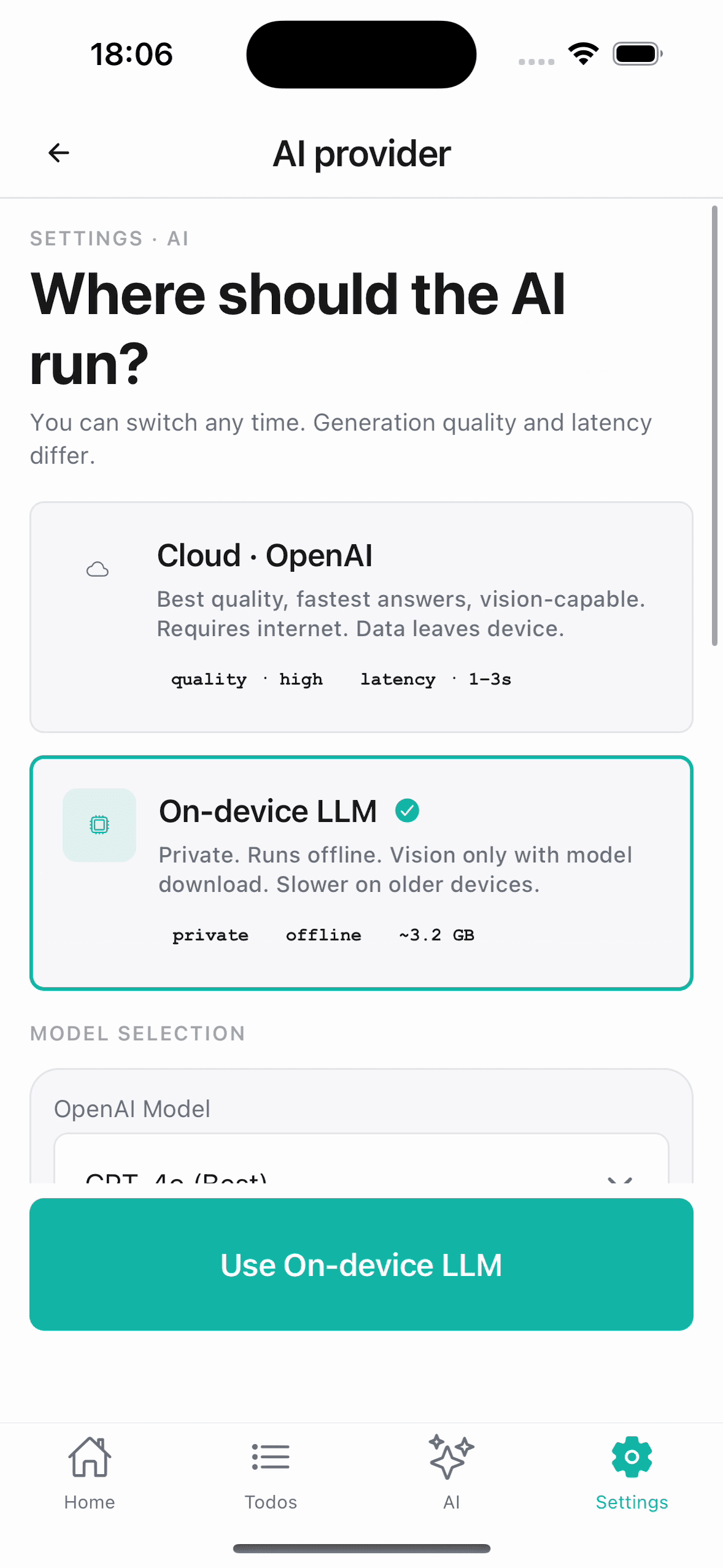 On-device model screen showing a local LLM running via llama.rn.