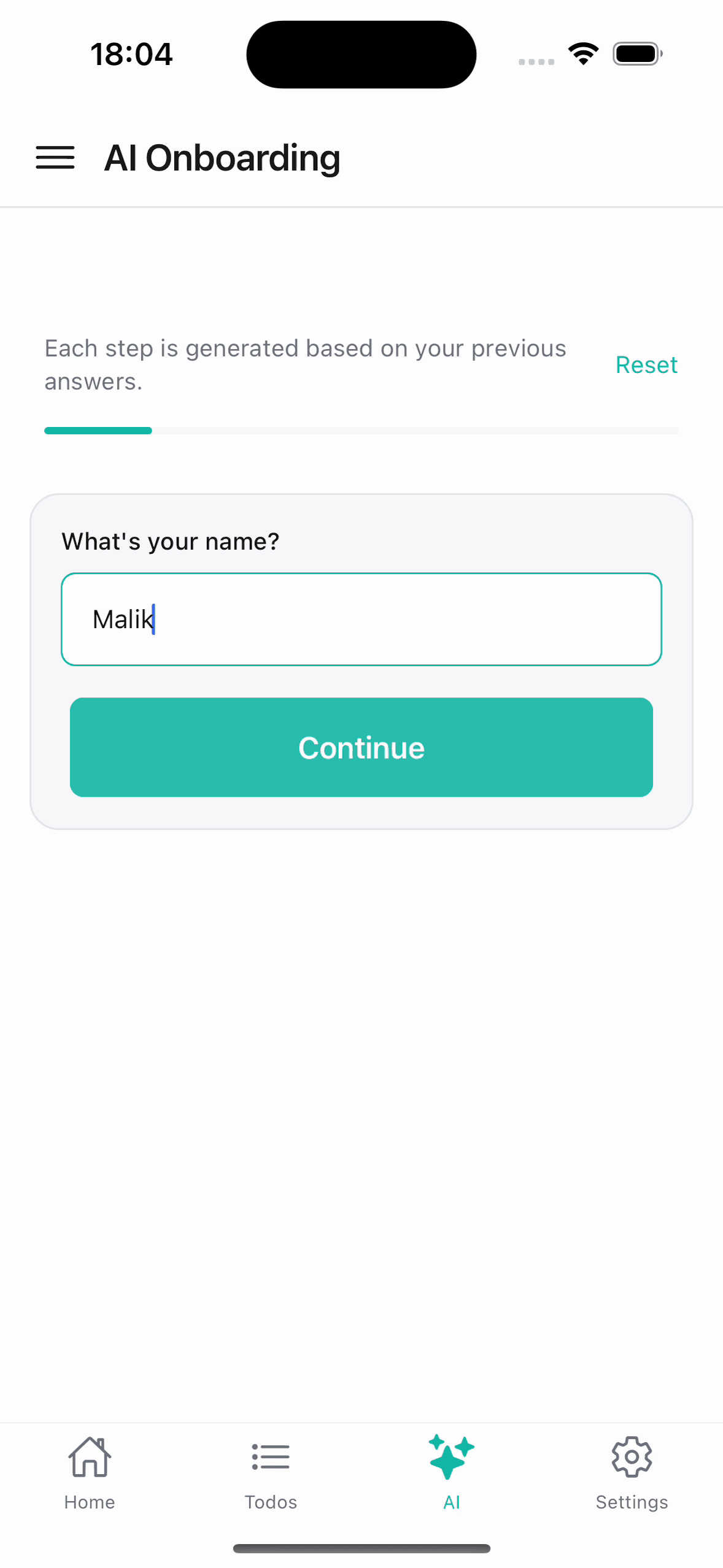 Dynamic onboarding screen generated by the LLM and rendered natively through the Wire AI gen-UI SDK.